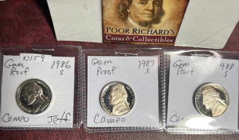 3 Different Jefferson Proof Nickels. As Pictured. 1986S, 87S, 88S. F/S! N159 Cover