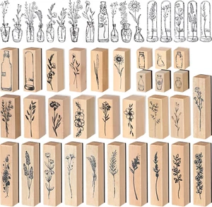 31 Pieces Vintage Wooden Rubber Stamps Flower Plant Decorative Cute Wood Mounted - Picture 1 of 12