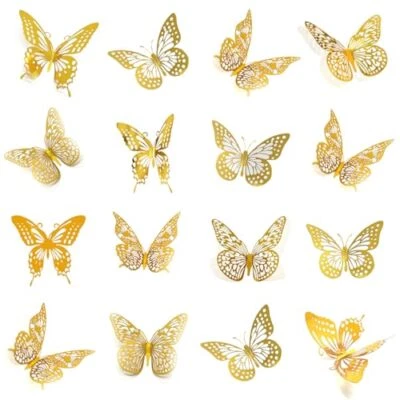 Decoración de Pared Mariposa 3D 48 Piezas 4 Estilos 3 Tamaños, para Decoraciones de Cumpleaños Dorado Foto 1 de 4