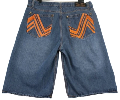 Shorts bordado NBN Gear masculino Y2K hip hop azul denim desgastado tamanho 38 folgado - Imagem 1 de 4
