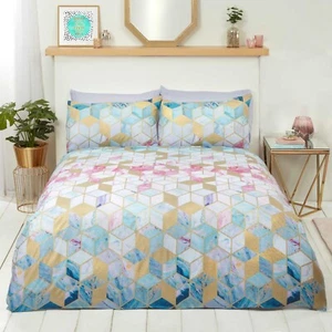 MODERN CUBE DUVET COVER SET, GOLD FOIL - MULTICOLOURED - QUARTZ - SINGLE SIZE - Picture 1 of 2