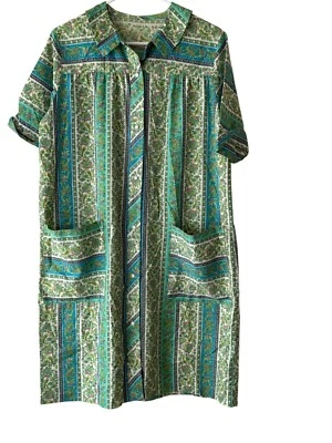 Vestido Casa Vintage Verde y Azul Floral Rayas Bolsillos Botón Frontal Caftán Talla M Foto 1 de 4