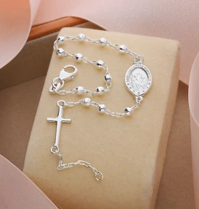 Sterling Silver St. Christopher Holly Medal Cross Bracelet Anklet Diamond-cut - Picture 1 of 16