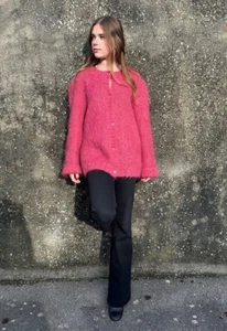 Vintage 70's Dark Pink Long Sleeve Ladies Mohair Cardigan Hand Knitted Boho - Picture 1 of 5