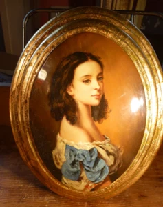 Retrato pintado y firmado a mano, óptica 3D ovalada, borde dorado, excelente - Imagen 1 de 4