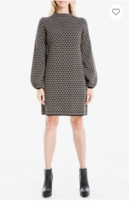 MAX STUDIO Black Taupe Heart Pattern Knit Sweater Dress Balloon Sleeve L = 12/14 - Image 1 of 3