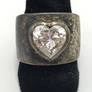 Vintage Sterling Silver & Heart Shape Cubic Zirconia Stunning Wide Ring sz 6.5 - Picture 1 of 13