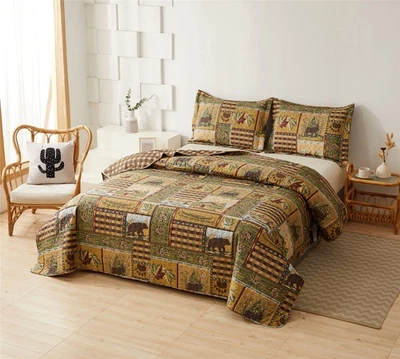 Juego de edredón reversible a cuadros de cabina de oso alce de 3 piezas King, casa rústica Lodge Qu... Foto 1 de 4