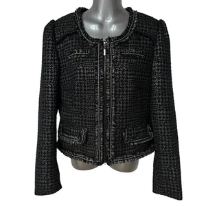 Apt. 9 Blazer Black Silver Tweed Houndstooth Jacket Chain Fringe Women's Medium - Picture 1 of 12