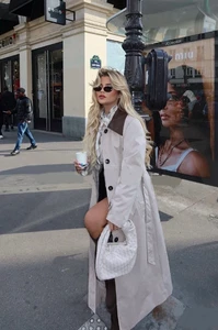 Women’s Oversized PU Collar Classic Single Breasted Long Trench Coat with Belt - Picture 1 of 14