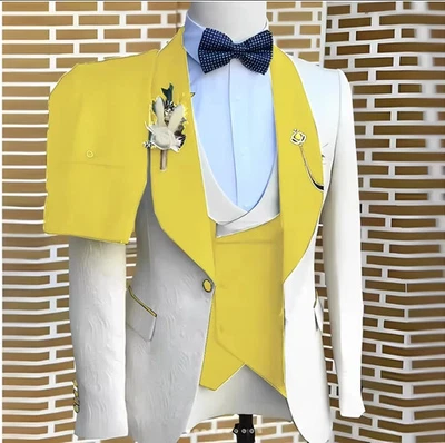 Elegante Trajes Hombres Blanco Jacquard Chaqueta Chaleco Pantalones 3 Piezas Esmoquin Para Boda Foto 1 de 4