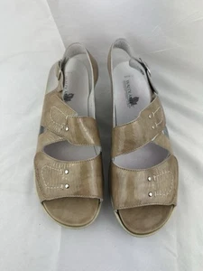 Waldlaufer Leather Sandals UK 5.5 Nude Shimmer Low Wedge Hook Loop - Picture 1 of 8