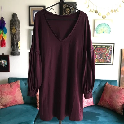 Vestido recto EXPRESS talla L borgoña elástico tejido ponte manga globo Foto 1 de 4