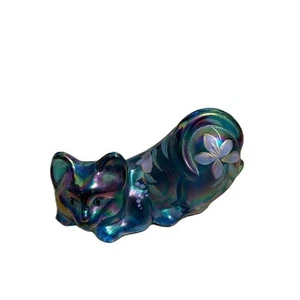 Fenton S. Hopkins Hand Painted Floral Blue Carnival Glass Pouncing Cat Figurine - Picture 1 of 5