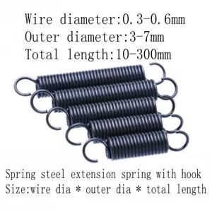 Small extension spring with hook Wire dia 0.3mm-0.6mm OD 3mm-7mm Length 10-300mm - Picture 1 of 12