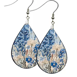 Forget-Me-Nots & Queen Anne's Lace Floral Earrings Teardrop NO TARNISH Wood - Picture 1 of 8