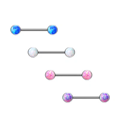 Nipple Barbells with Opal Bezel Set Tops Implant Grade Titanium 14G - Image 1 of 4