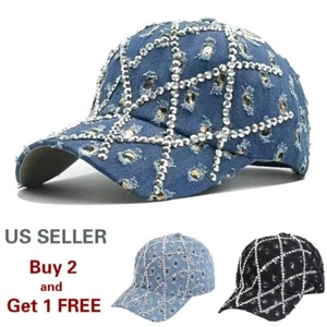 Rhinestone Baseball Cap Washed Cotton Hat Adjustable Hats Polo Style Dad Denim - Picture 1 of 7