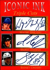 Wayne Gretzky Mario Lemieux Sidney Crosby Iconic Ink Triple Cuts fas auto 1/1000