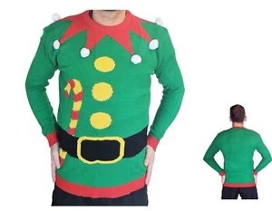 Christmas Jumper Green Xmas Elf Candy Cane Unisex Mens Ladies Sweater Dress Up - Picture 1 of 34