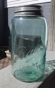 Antique 1900-10 BALL Mason w "Triple L" Jar Quart Blue Green Glass Air Bubble 5F - Picture 1 of 9