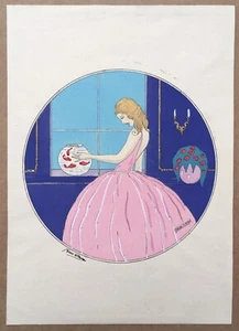 Gravur Art Déco Pochoir Gherri Moro Porträt Frau Mode Kleid Aquarium Fisch - Bild 1 von 10