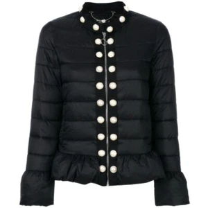 NUEVO SIN ETIQUETAS TWINSET Simona Barbieri Negro Perla Tachonado Volantes Chaqueta Puffer Pequeña 4 6 - Imagen 1 de 7