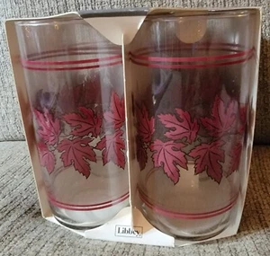 Vtg Set of 4 Libbey Red Suburban Leaves Glasses 17 Oz Cooler Drinking NEW MCM - Picture 1 of 6