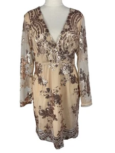BOOHOO Boutique Sequin Mesh Bodycon Gold Dress Size 14 - Picture 1 of 8