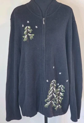 Christmas Sweater  Cardigan Black Embroidered Pine Trees Snowflakes Winter Knit - Image 1 of 4