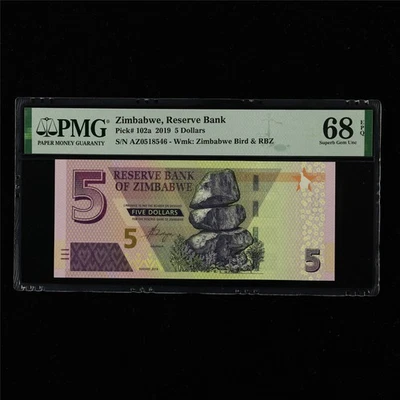 2019 Zimbabwe Reserve Bank 5 Dollars Pick#102a PMG 68 EPQ Superb Gem UNC 01 - Image 1 of 4