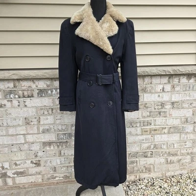 Vintage 70s Long Belted Wool Coat Faux Shearling Collar Double Breasted Classic - Image 1 of 4