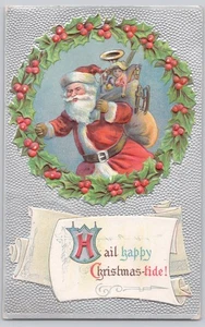 Postal de Navidad de Papá Noel granizo feliz Navidad-marea en relieve plata años 1910 - Imagen 1 de 3