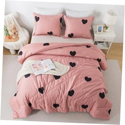 Juego de edredón tamaño patrón corazón niñas 3 piezas ropa de cama amor reina rosa pálido Foto 1 de 4