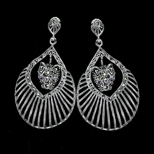 925 Sterling Silver Earrings Round Ruby Marcasite Natural Gemstone Tiger Jewelry - Picture 1 of 13