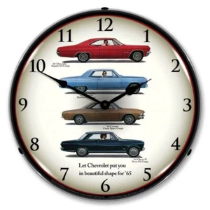 Retro Nostalgic 1965 Chevrolet Lineup LED Lighted Backlit Man Cave Wall Clock - Picture 1 of 4