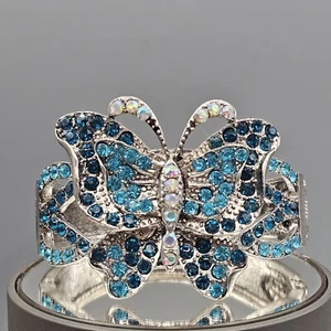 Rhinestone Butterfly Bracelet Hinged Bangle Blue Rhinestone Figural 6" - Picture 1 of 9