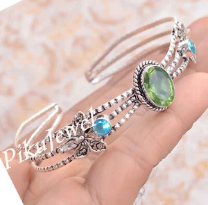 Facettierter Peridot mit Blautopas Edelstein 925 Sterling Silber Armreif Arbe... - Bild 1 von 6
