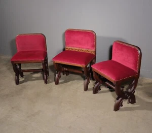 Antique Gothic Priest's Pulpit/Sanctuary Chair Set In Solid Oak and Red Velvet - Picture 1 of 16