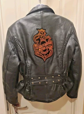 Hudson 女式皮革摩托车夹克咖啡馆赛车哈雷戴维森布贴 尺寸 L — 第 1/4 张图片