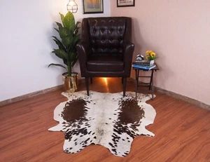 Cowhide Rug xl 5x5 ft Cow Skin Tricolor Cow Print Rug Brown Black White Cow Hide - Picture 1 of 11