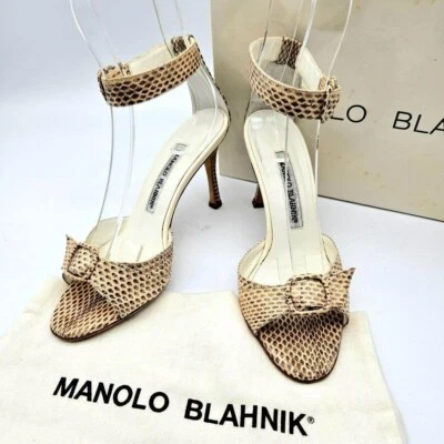 Manolo Blahnik Pumps Sandals Open Toe Heel Ankle Strap Python 35.5 US 5.5 Japan - Image 1 of 4
