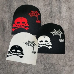 Y2K Spider Web Skull Knit Beanie Hat Men Women Hip Hop Skull Cap Winter Hat - Picture 1 of 13