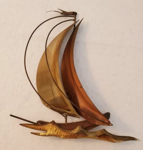 MCM Copper Brass Wood Sailboat Wall Hanging 8" Tall - Picture 1 of 5
