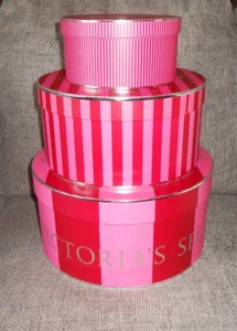 Victoria's Secret Collectible Display Nesting Hat Boxes Red Pink Striped Set 3 - Picture 1 of 18