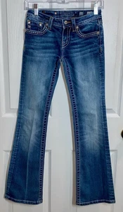 MISS ME Denim Jeans Girls 14 Rhinestone Bling Crystals Low Rise Boot Cut Blue - Picture 1 of 15