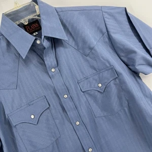 Camicia Plains M uomo blu righe testurizzate manica corta western cowboy perla snap - Foto 1 di 7