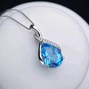 925 Sterling Silver Aquamarine Teardrop Necklace with Crystal Accents | Elegant - Picture 1 of 8