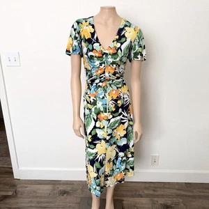 Vestido midi Maggy London talla 12 azul marino estampado floral cuello en V acanalado línea A trabajo carrera - Imagen 1 de 10