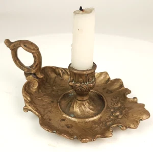 Antique Chamberstick Art Nouveau Victorian Brass Ornate Candlestick Holder - Picture 1 of 21